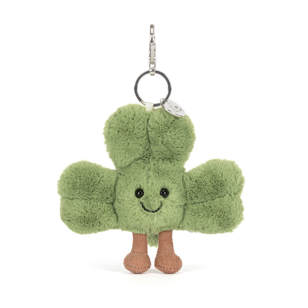 Chaveiro Jellycat Amuseables Shamrock com folhas verdes e mosquetão prateado
