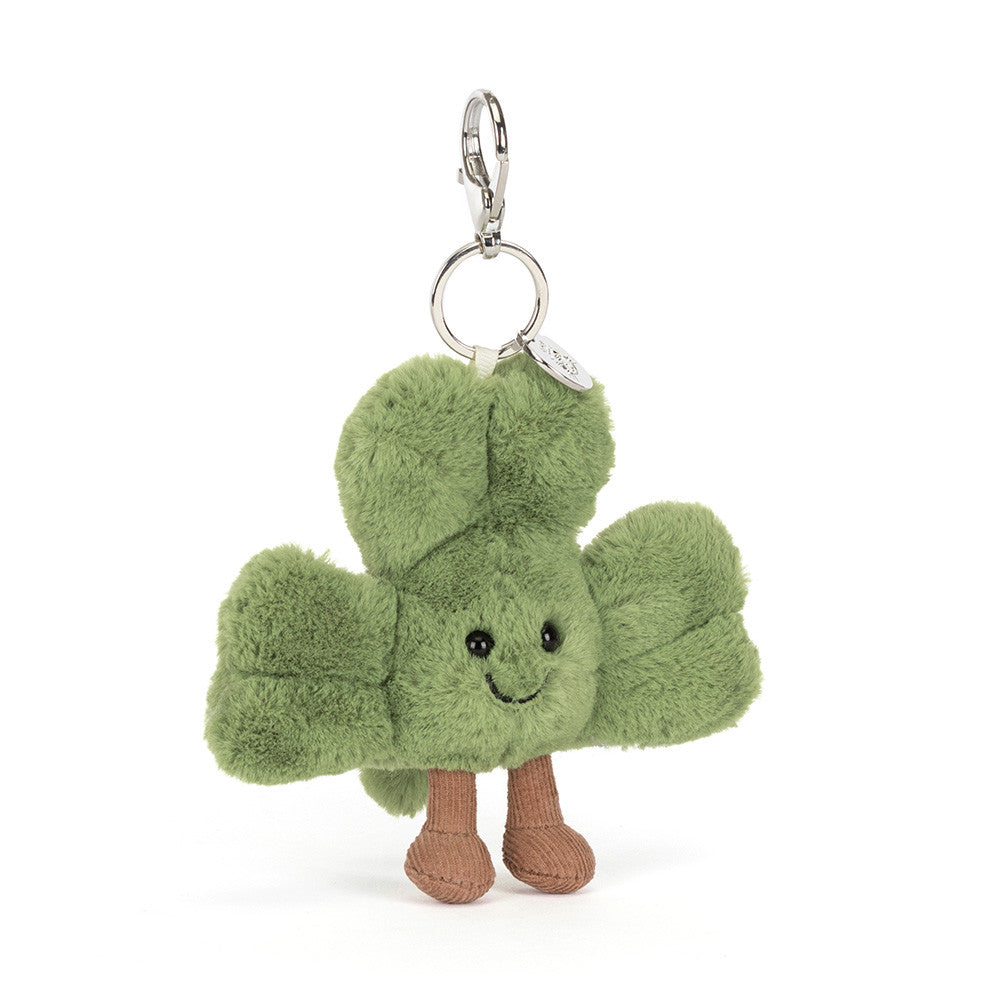 Chaveiro Jellycat Amuseables Shamrock com folhas verdes e mosquetão prateado
