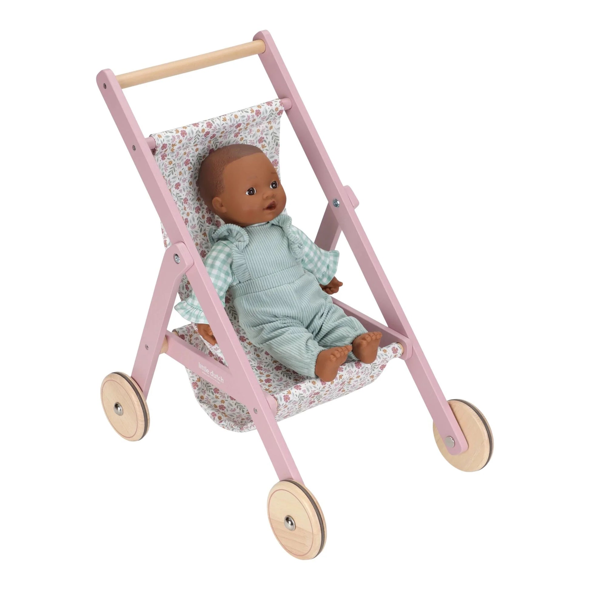 Vista do carrinho de bonecas Essentials Little Dutch com boneco