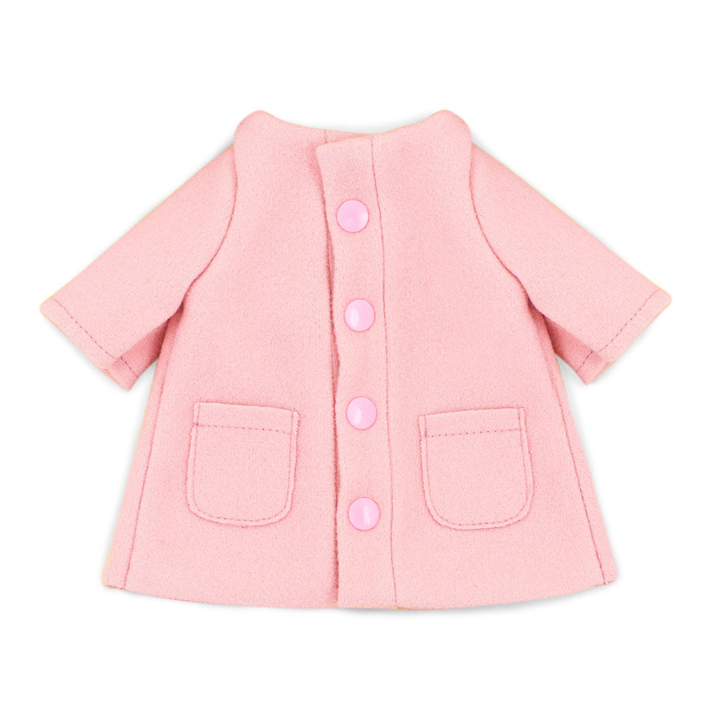 Conjunto Outono completo da Orange Toys: casaco rosa com botões, cachecol cinzento e gorro rosa | orange-toys-roupa-peluche-lucky-doggy-outono-lollakids