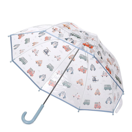 Guarda-chuva infantil transparente Tutete City Cars aberto, estrutura em fibra de vidro, pega em J.