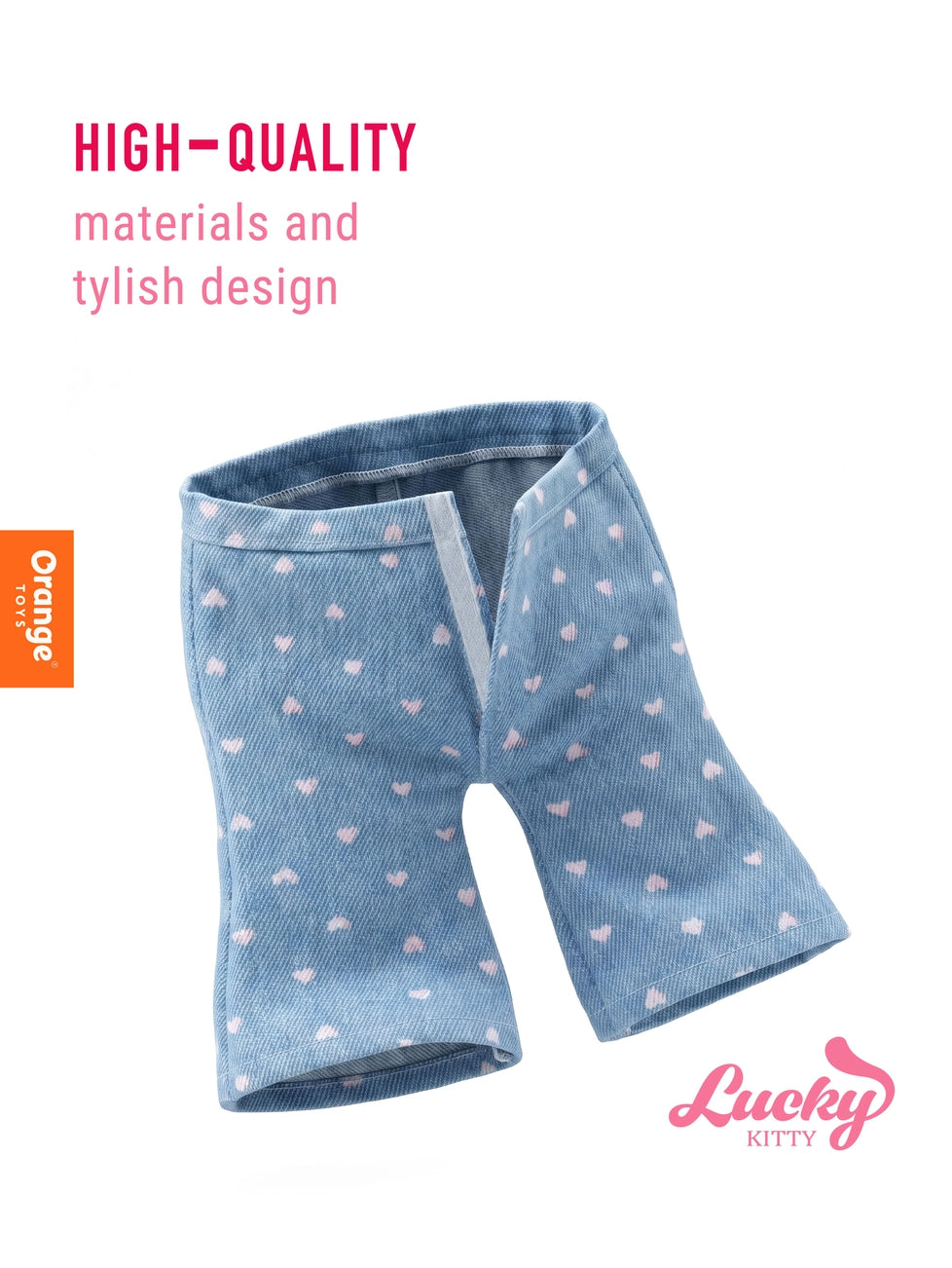 Calças de ganga clara com corações cor-de-rosa, do conjunto Corações Sweet Denim da Orange Toys | orange-toys-roupa-peluche-lucky-kitty-coracoes-sweet-denim-lollakids