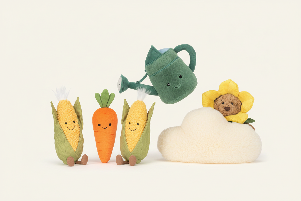 Banner com cenoura, milho, regador e ursinho a espreitar