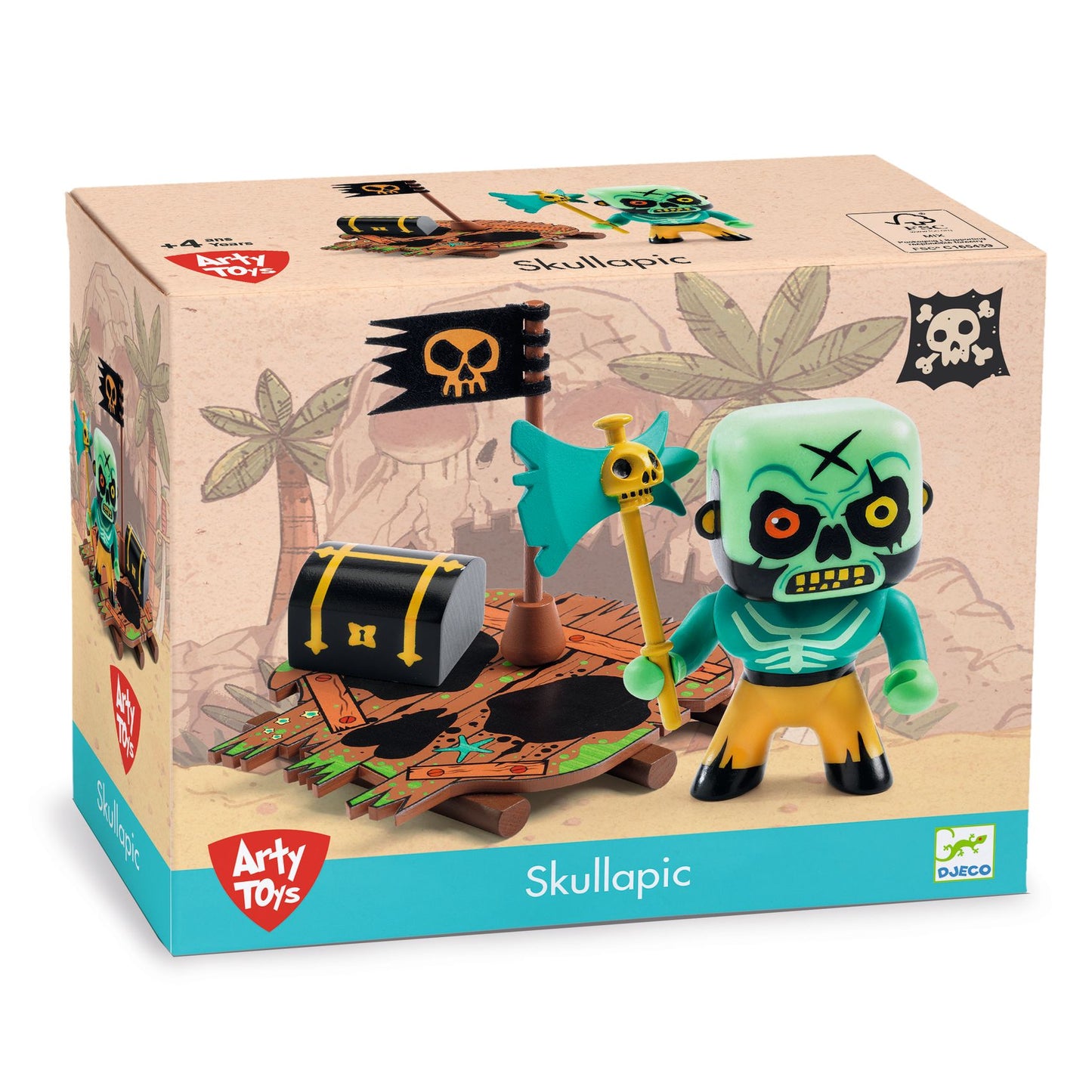 Figura Arty Toys Skull da Djeco com bote e acessório, articulada e temática pirata