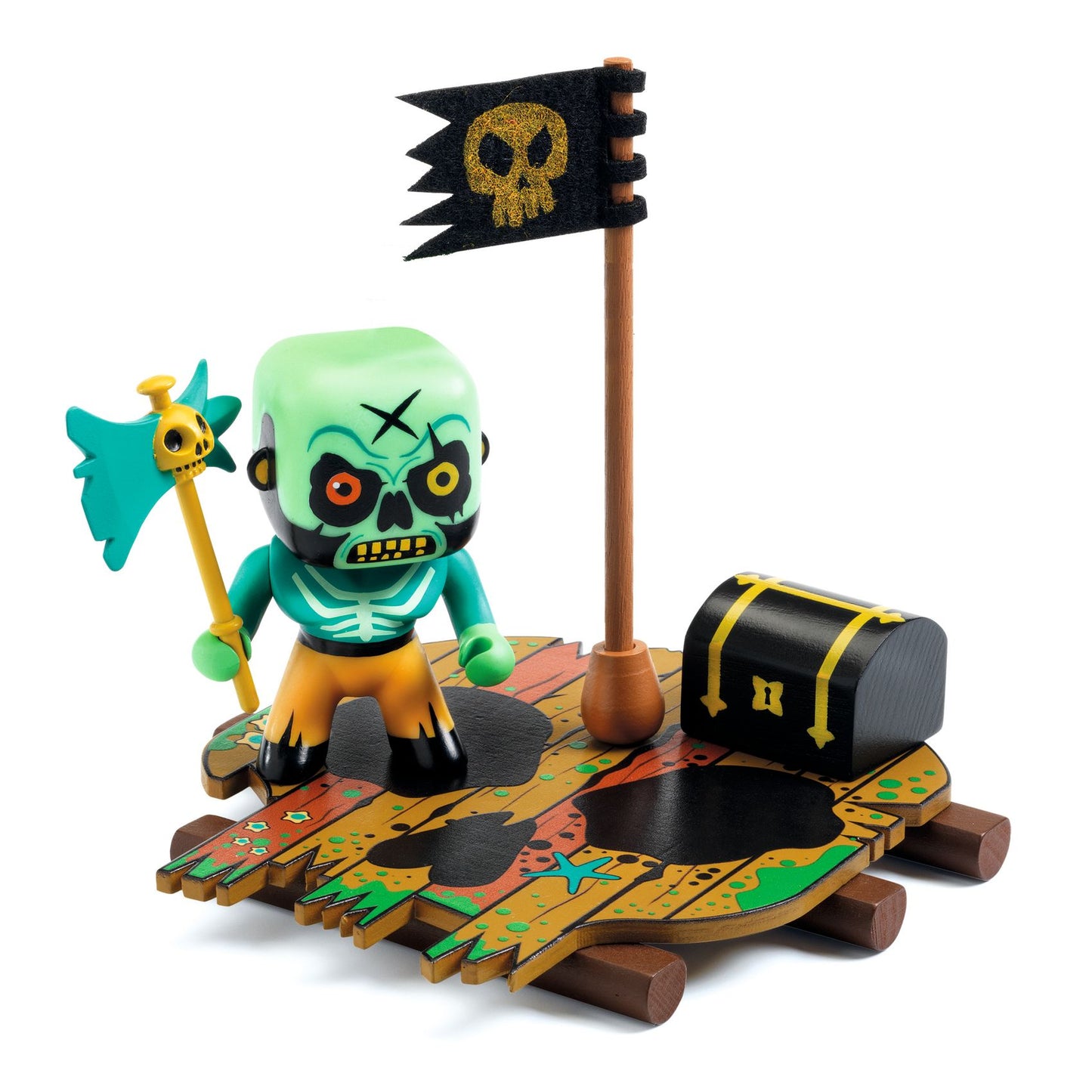Figura Arty Toys Skull da Djeco com bote e acessório, articulada e temática pirata
