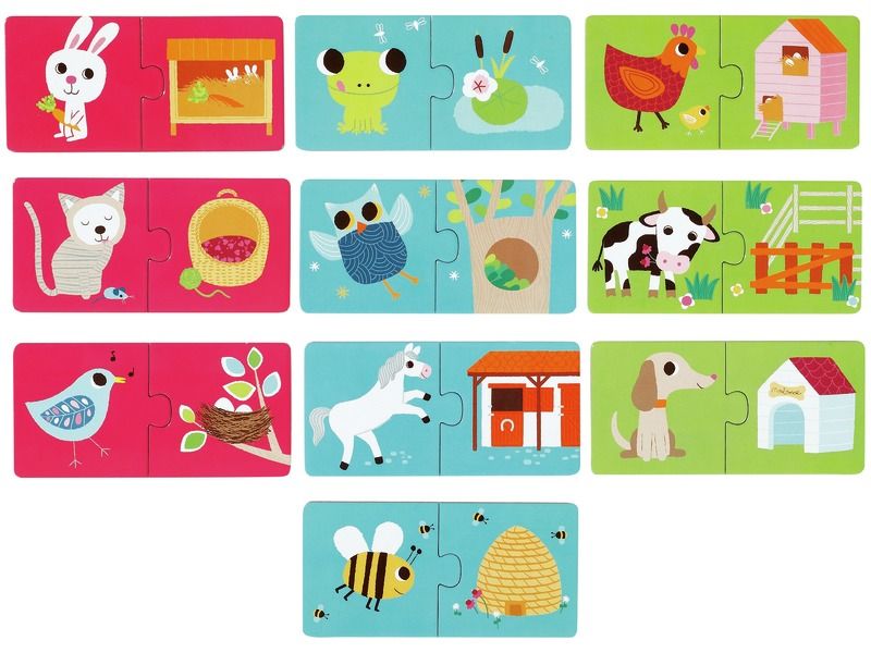 Conjunto de 10 puzzles de duas peças, em cartão resistente, adaptados às mãos pequenas.
