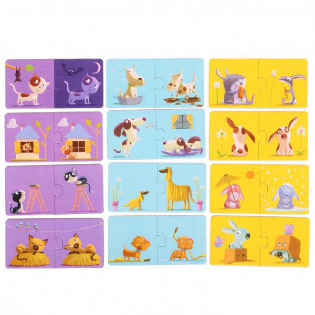 A criança liga imagens correspondentes, explorando noções de opostos, cores e animais.