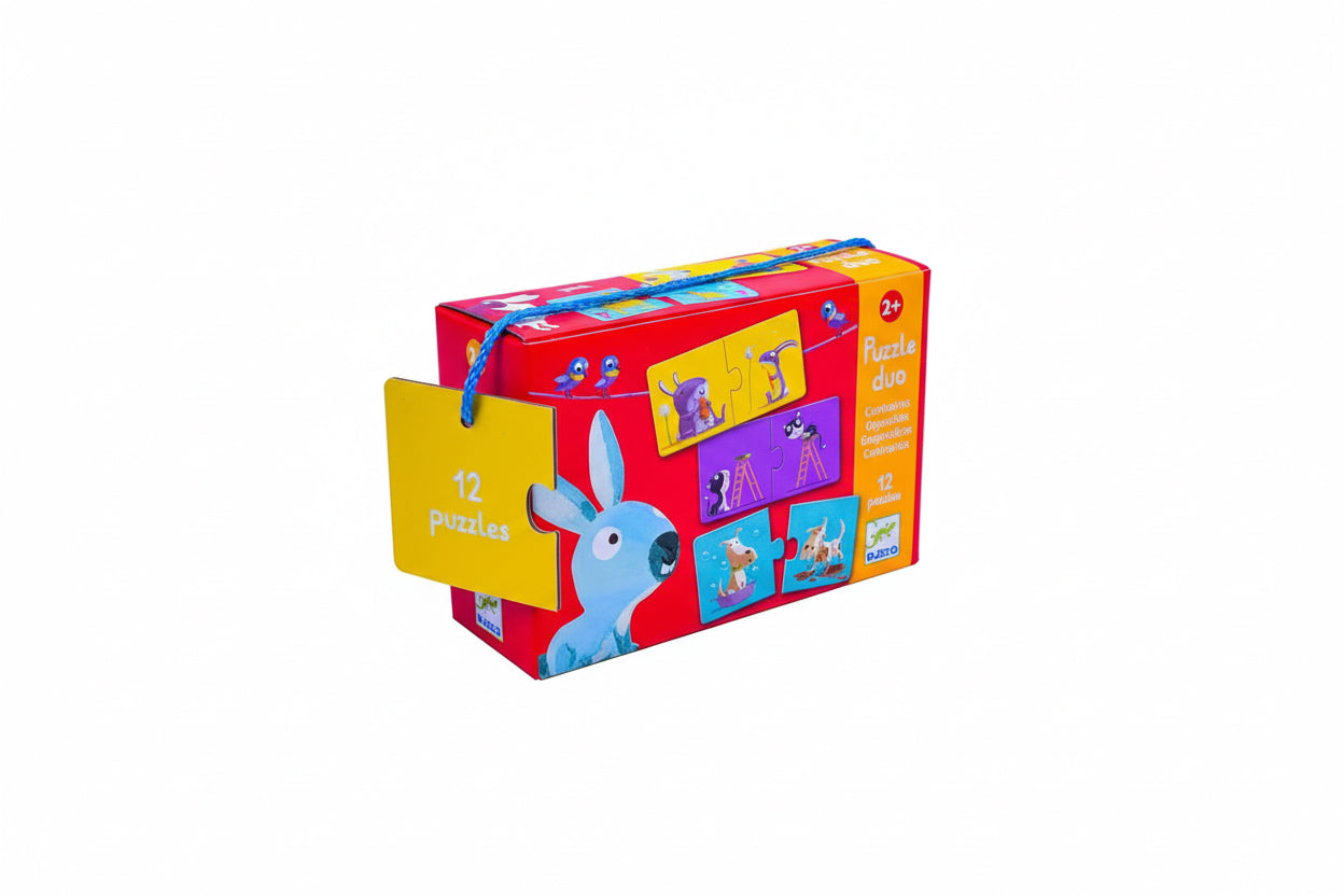 Puzzle educativo que introduz o conceito de opostos de forma simples e visual.