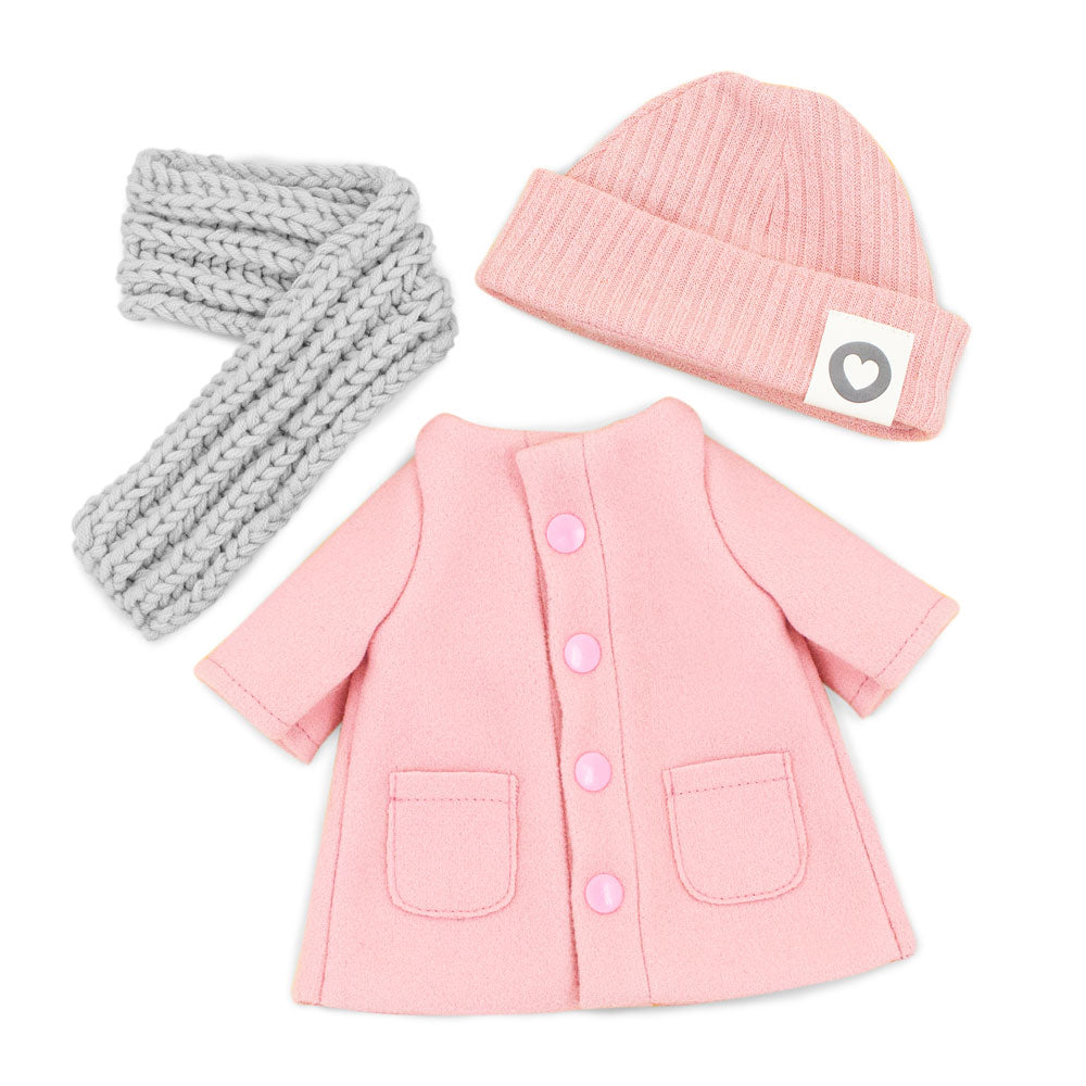 Caixa do conjunto de roupa Outono da Orange Toys para peluche Lucky Doggy, com casaco rosa, gorro e cachecol | orange-toys-roupa-peluche-lucky-doggy-outono-lollakids