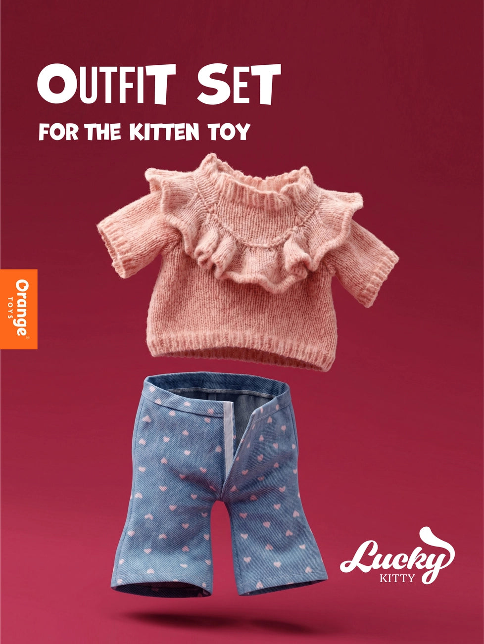 Conjunto Corações Sweet Denim completo da Orange Toys: camisola de malha rosa e calças de ganga com corações | orange-toys-roupa-peluche-lucky-kitty-coracoes-sweet-denim-lollakids