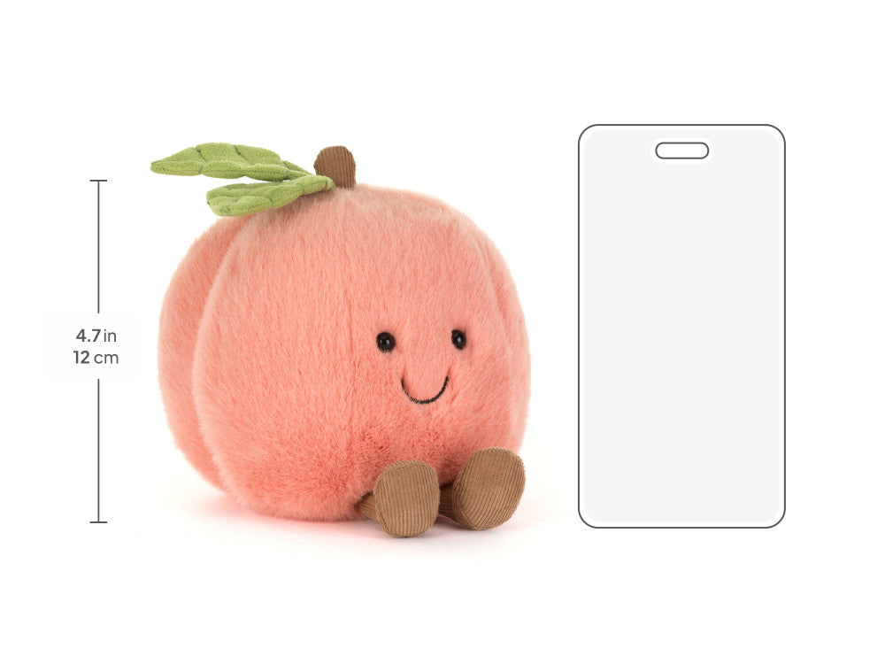 Peluche Pêssego Amuseables da Jellycat, tamanho comparado com telemóvel | jellycat-peluche-pessego-lollakids