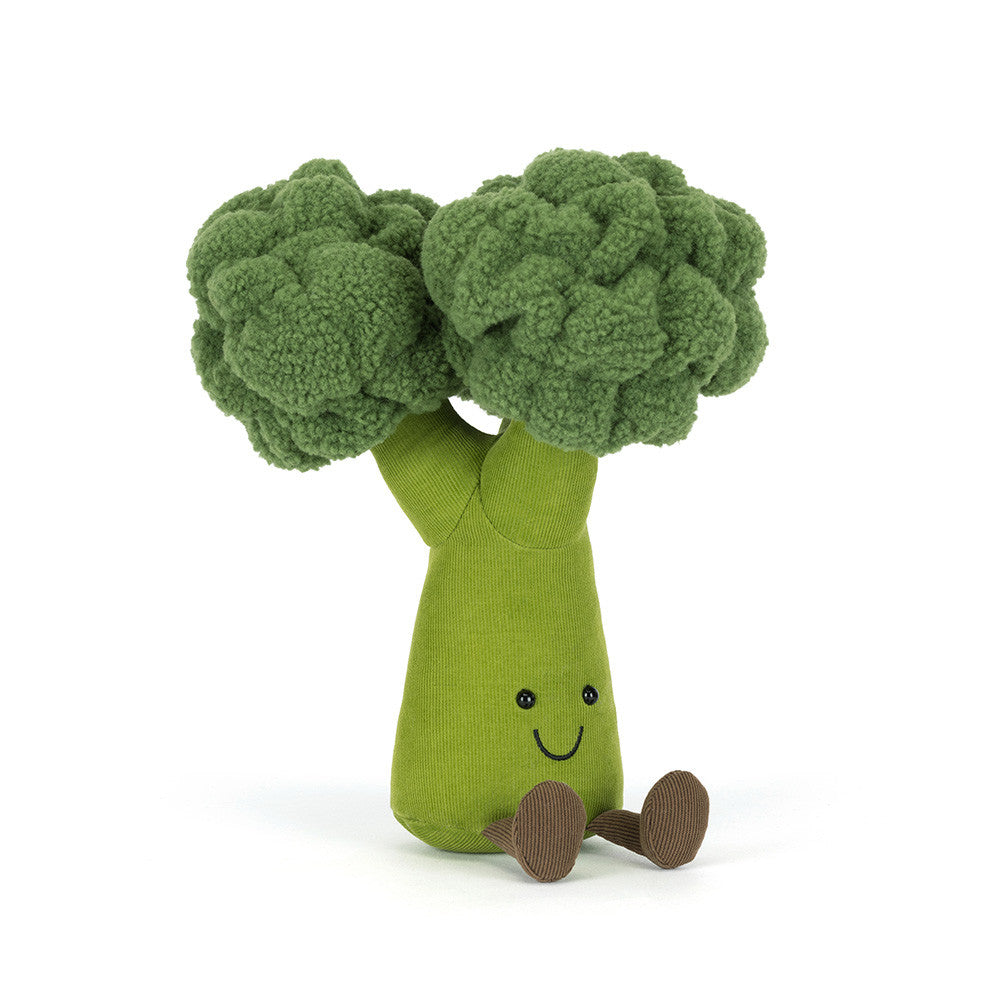 Peluche Jellycat Amuseables Broccoli sentado, copa verde e expressão divertida