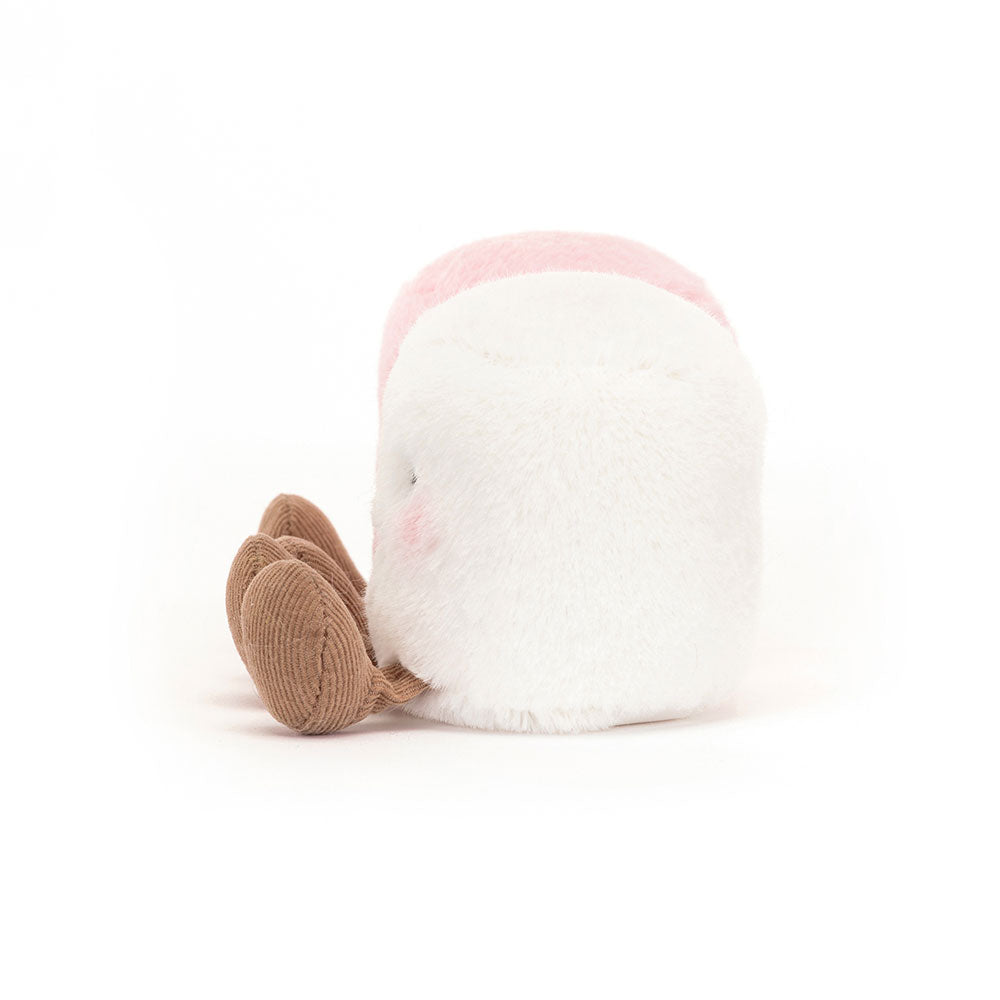 Marshmallows Rosa e Branco Jellycat vistos de lado, com botas de bombazine | jellycat-peluche-marshmallows-amuseables-lollakids
