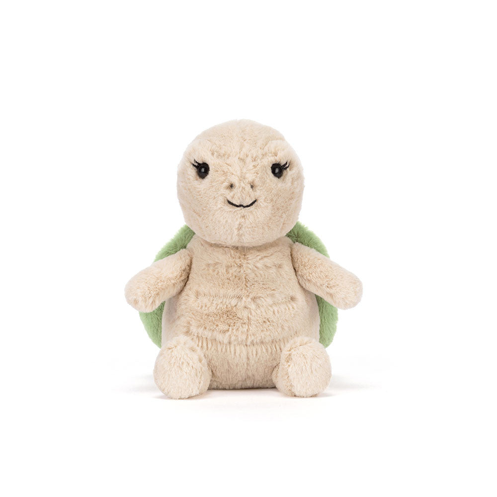Vista Frontal do Peluche Jellycat Thimble Turtle sentado com carapaça verde