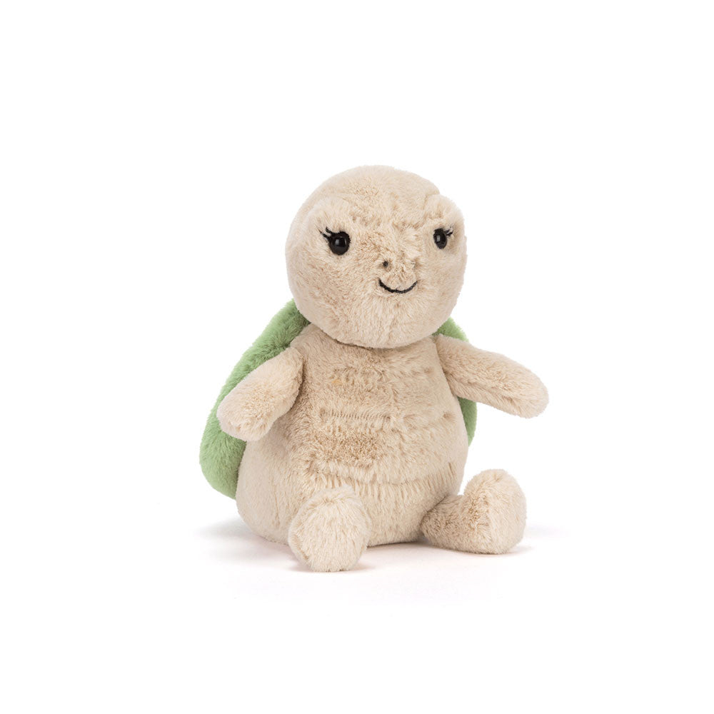 Peluche Jellycat Thimble Turtle sentado com carapaça verde
