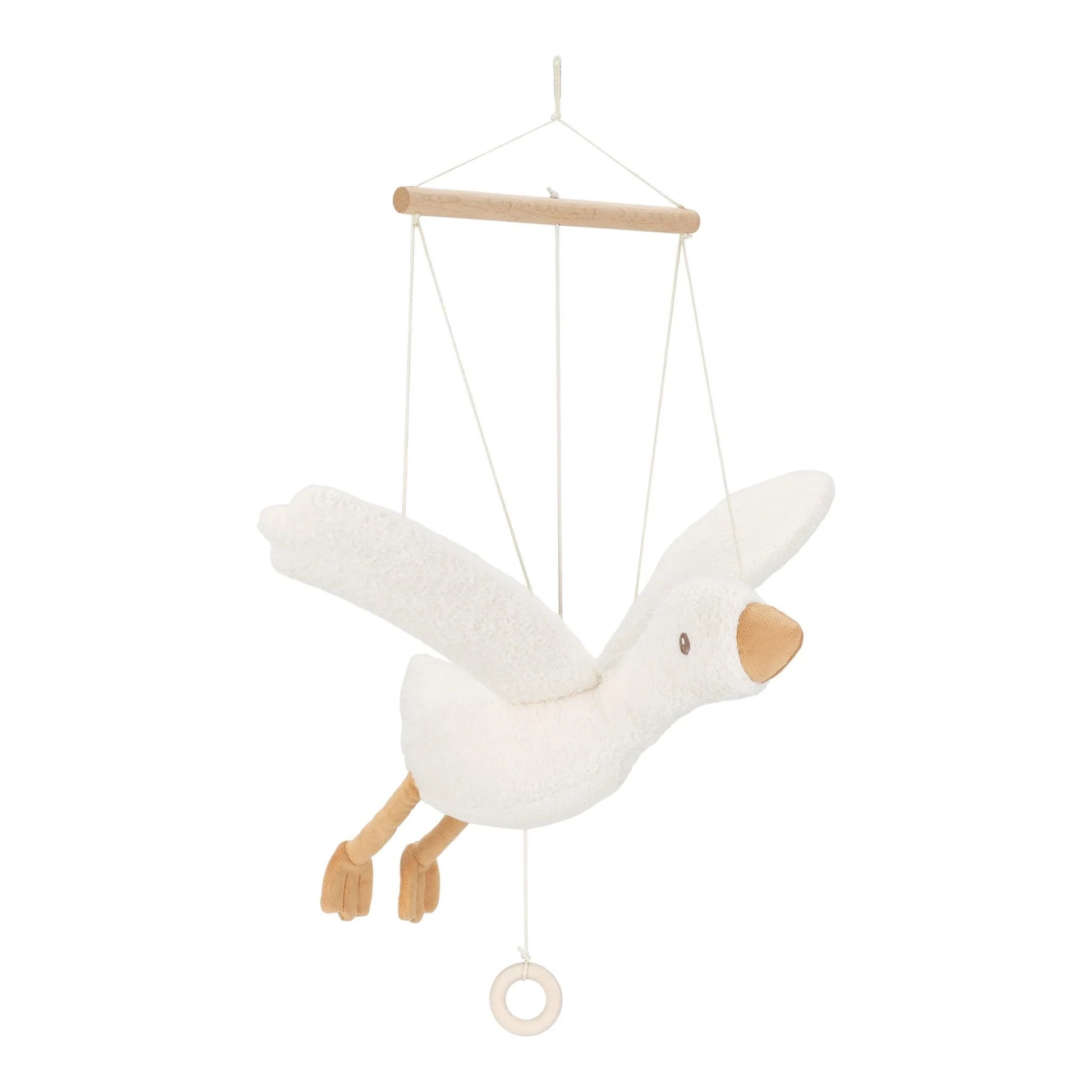 Ganso decorativo suspenso visto de lado, com asas abertas e aspeto leve e elegante.
