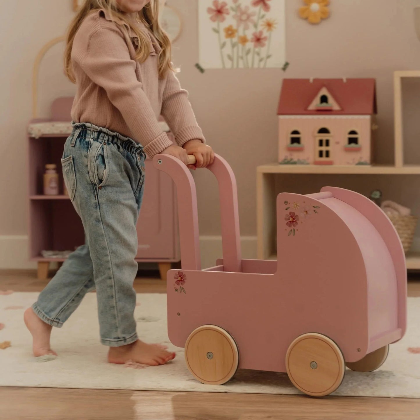 Little Dutch Carrinho de Bonecas em Madeira Rosa Soft Flowers 