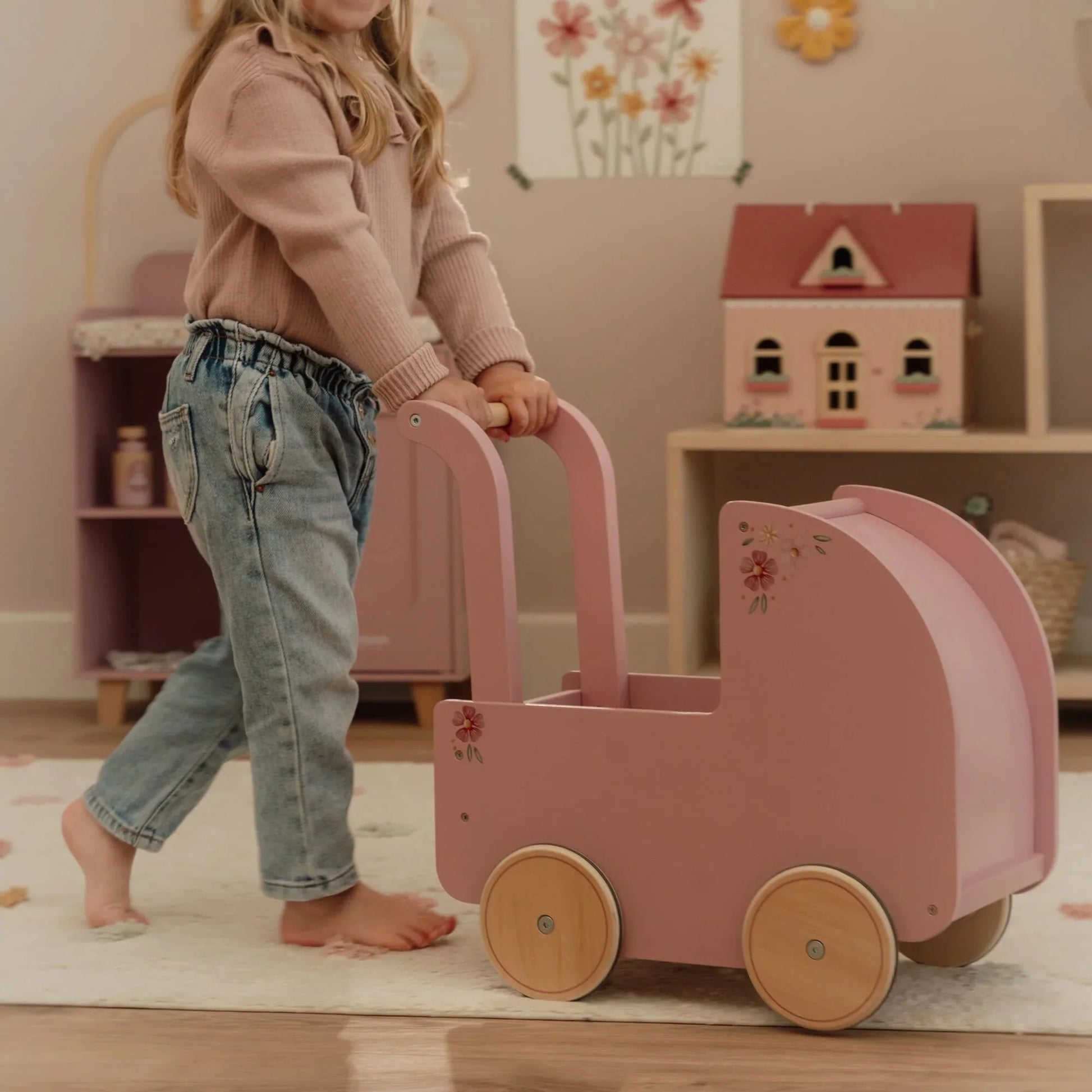 Little Dutch Carrinho de Bonecas em Madeira Rosa Soft Flowers 