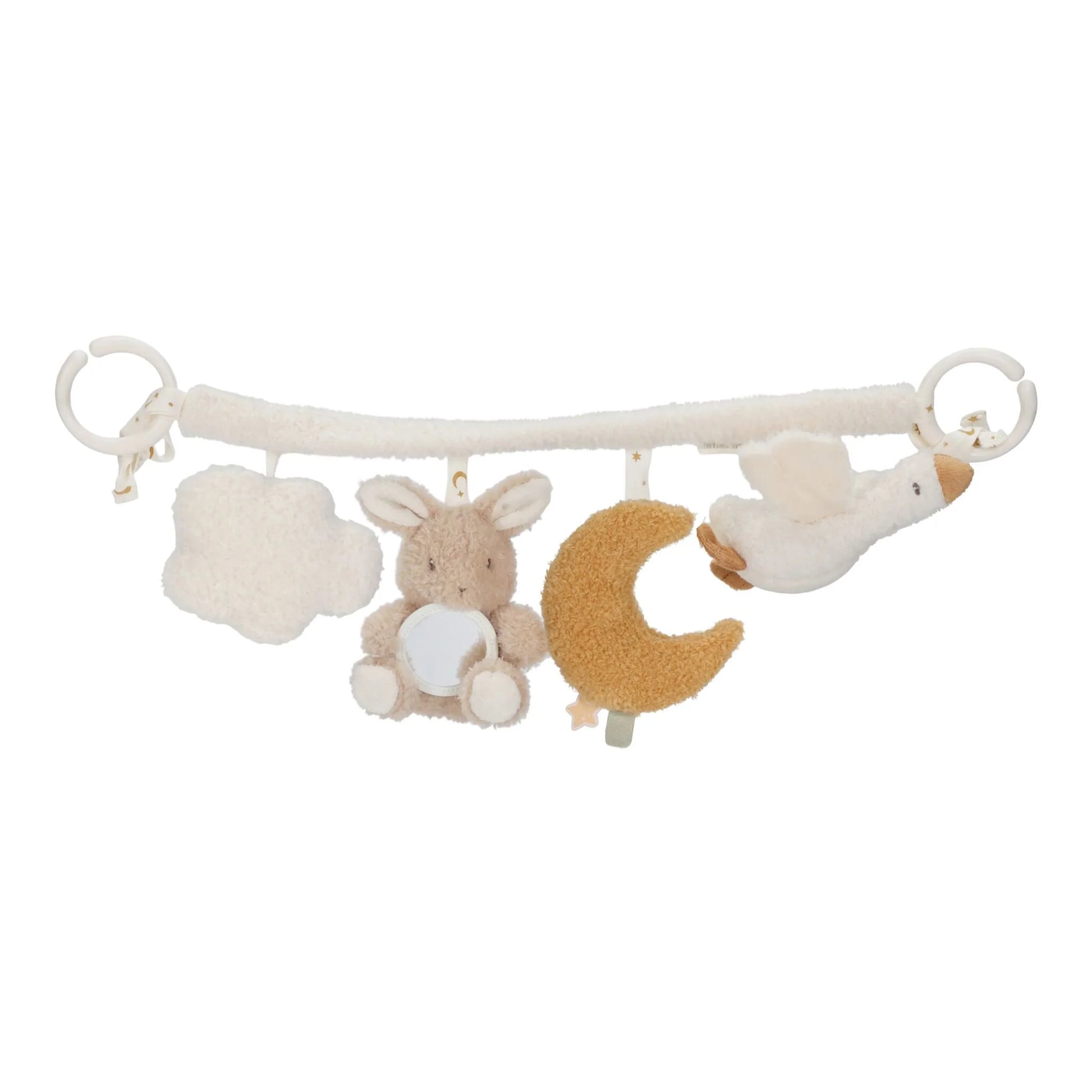 Organizador bege da coleção Newborn Naturals pendurado no espaldar do carrinho de bebé com figuras suaves.