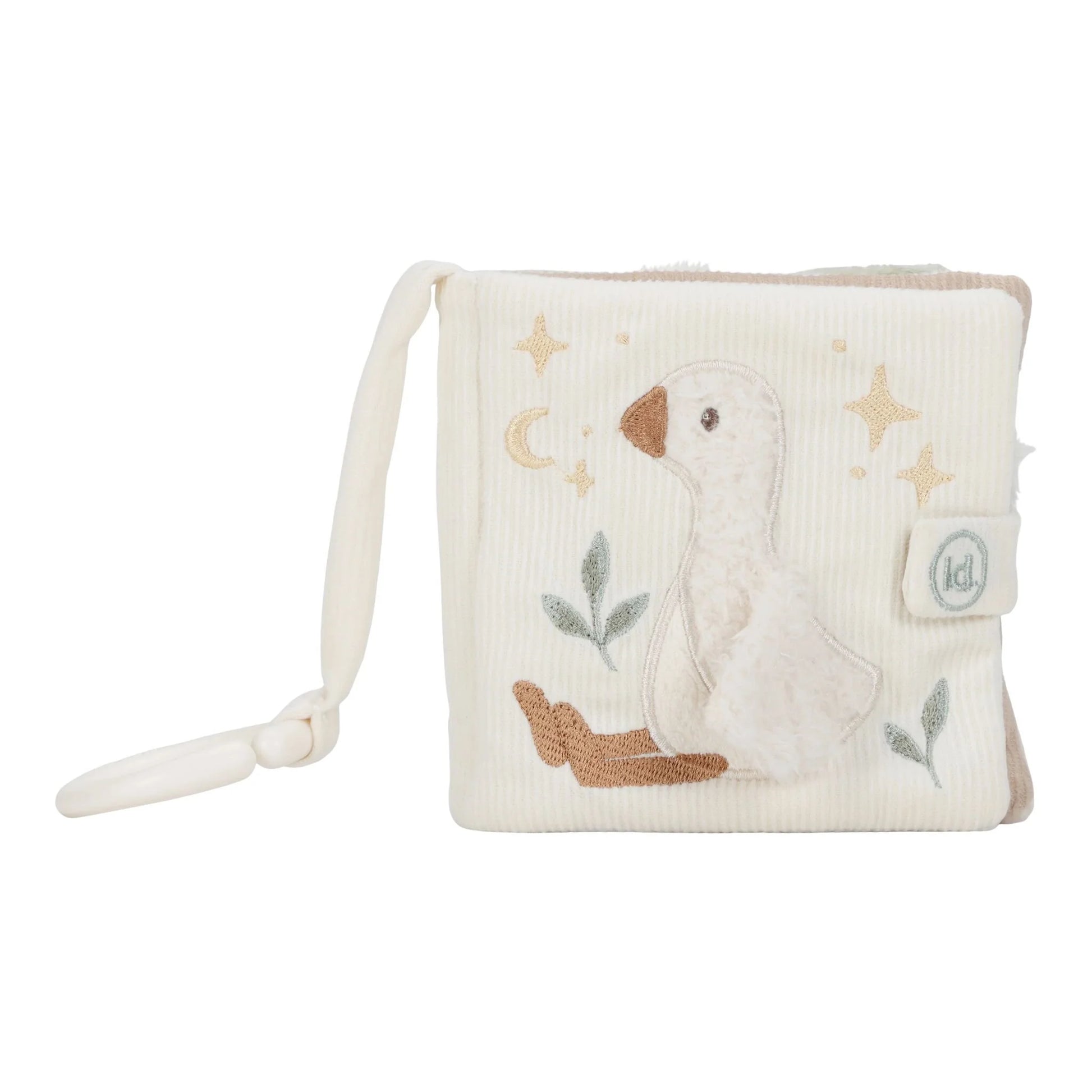 Livrinho de tecido branco da coleção Newborn Naturals, com ilustração suave de animal. Páginas macias e design minimalista. Ideal para bebés.