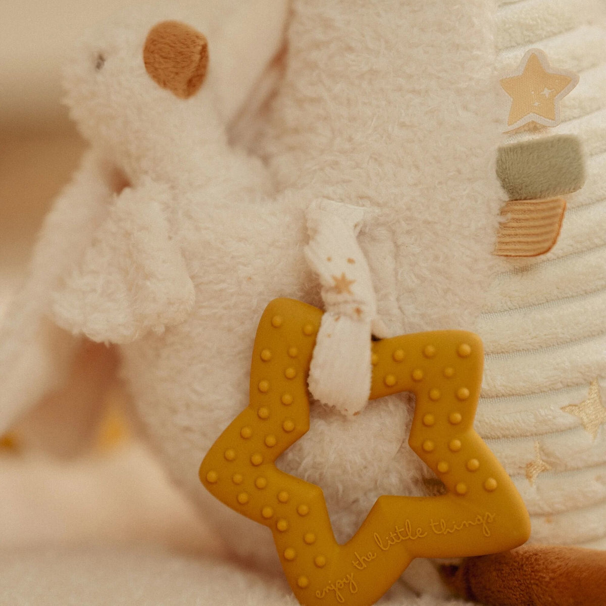 Pormenor da estrela texturada e das etiquetas do peluche ganso Little Dutch | little-dutch-peluche-atividades-ganso-estrela-lollakids