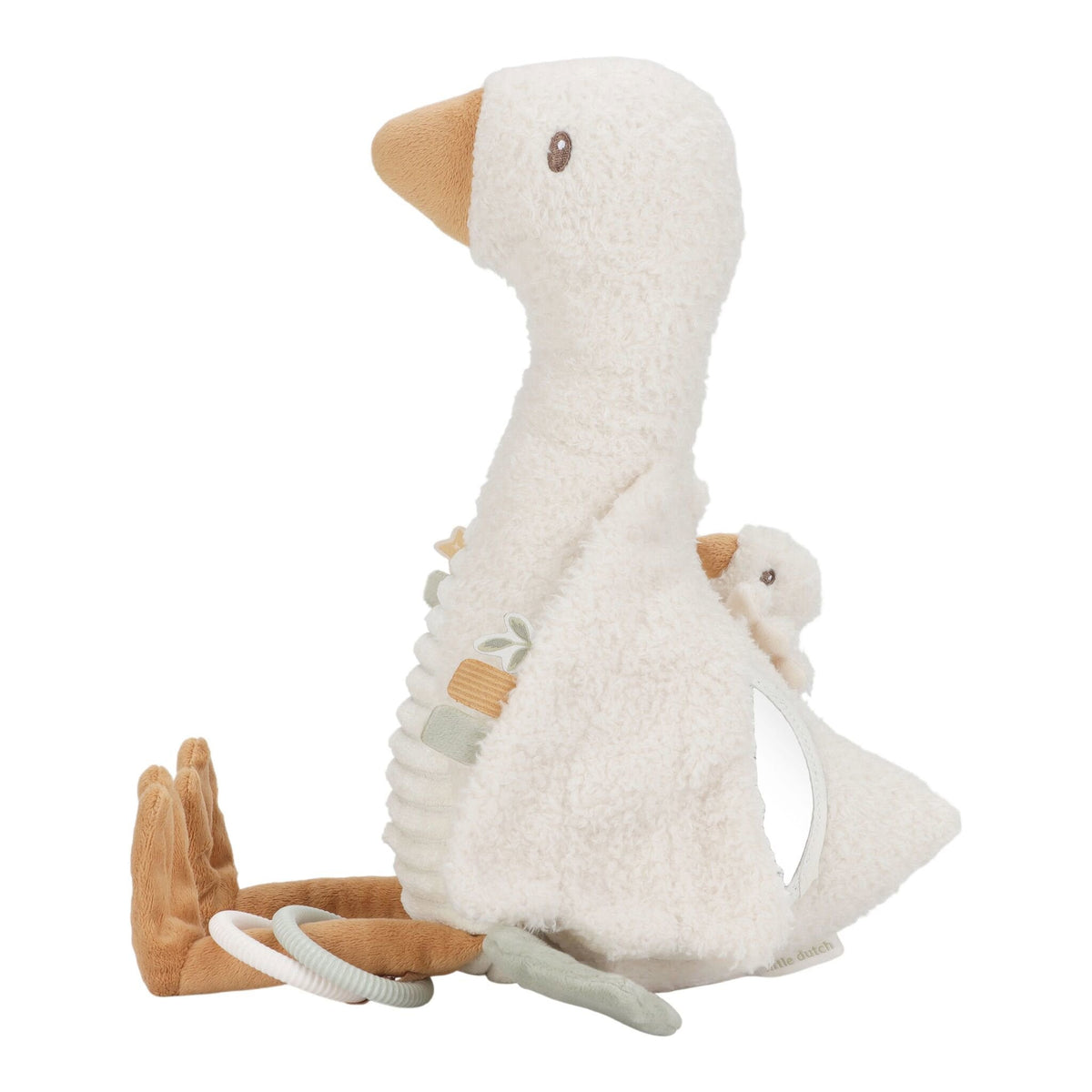 Vista lateral do peluche de atividades ganso branco da Little Dutch | little-dutch-peluche-atividades-ganso-lateral-lollakids