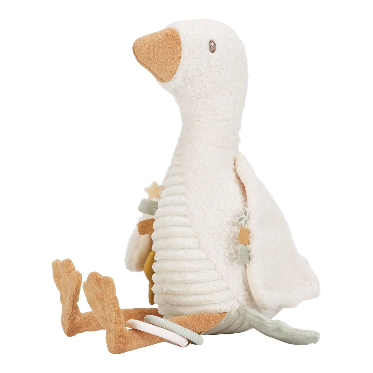 Peluche ganso Little Dutch com tecidos de diferentes texturas para estimular o bebé | little-dutch-peluche-atividades-ganso-texturas-lollakids