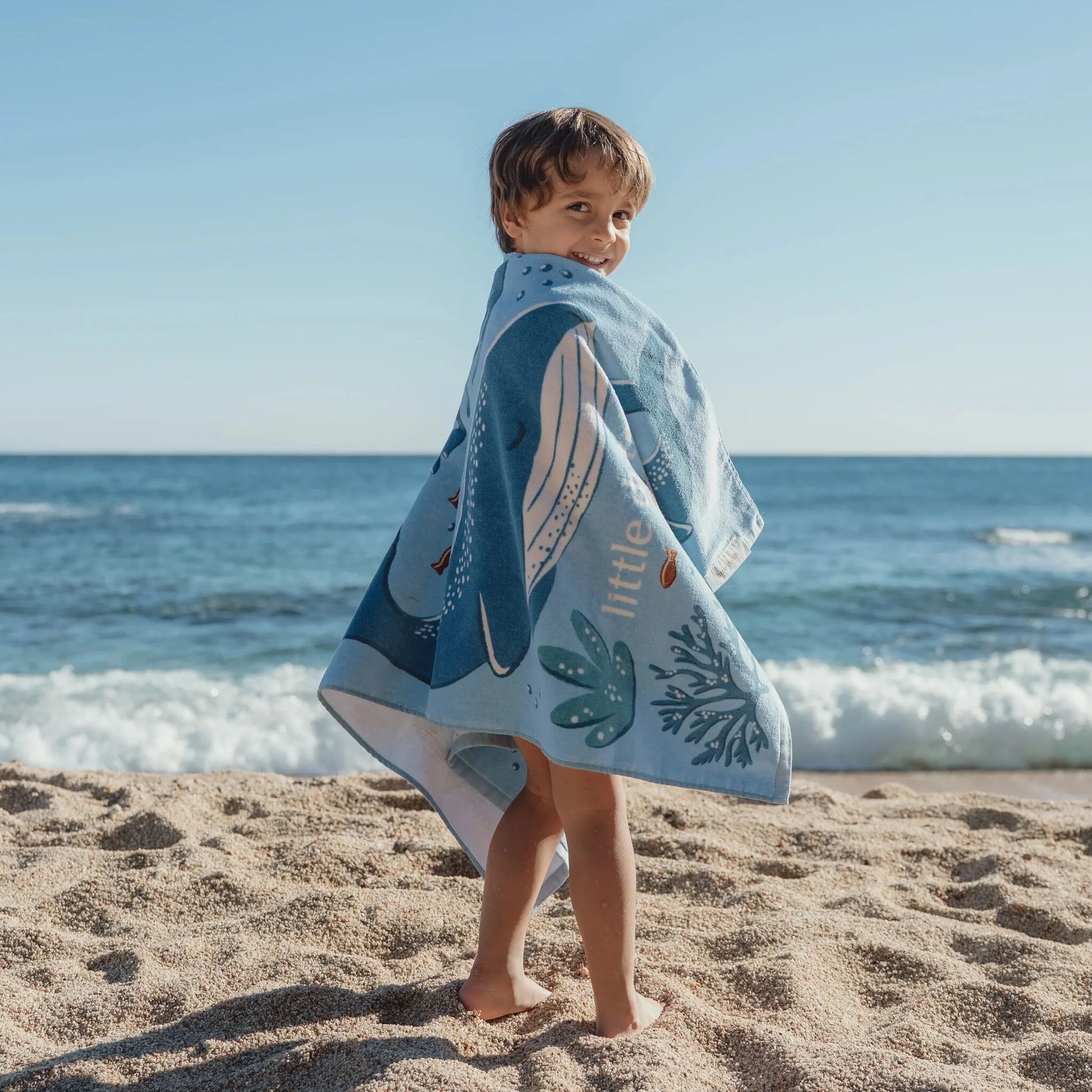 Toalha de Praia Infantil Ocean World Blue 60x120 Algodão Orgânico