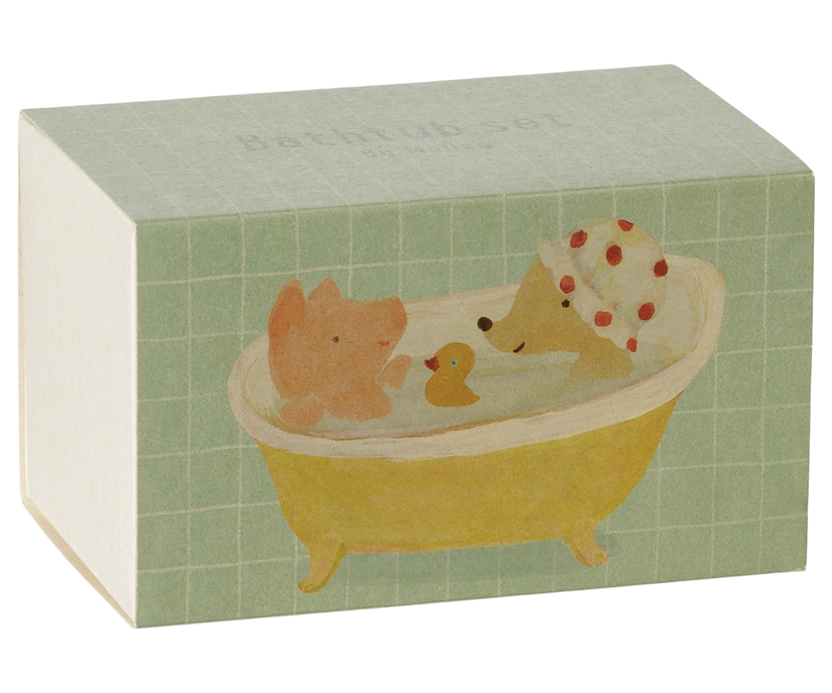 Caixa ilustrada do conjunto de banheira Maileg | maileg-banheira-ratinhos-amarelo-lollakids