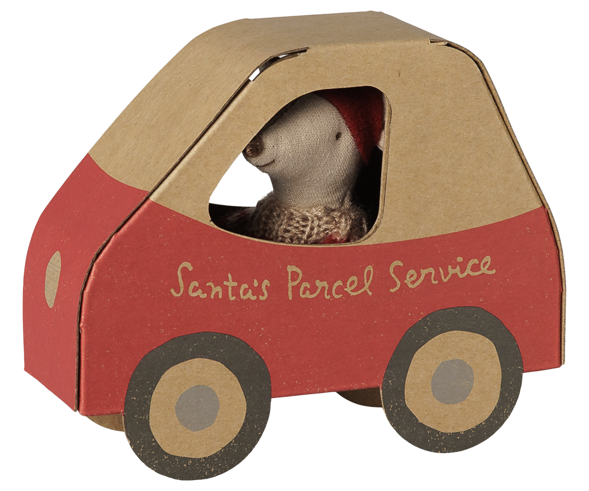 Ratinha de Natal Maileg sentada dentro da caixa carro Santa's Parcel Service | maileg-ratinha-natal-carro-lollakids