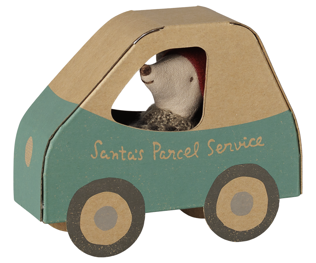 Ratinho de Natal Maileg ao volante da caixa carro verde Santa's Parcel Service | maileg-ratinho-natal-carro-lollakids