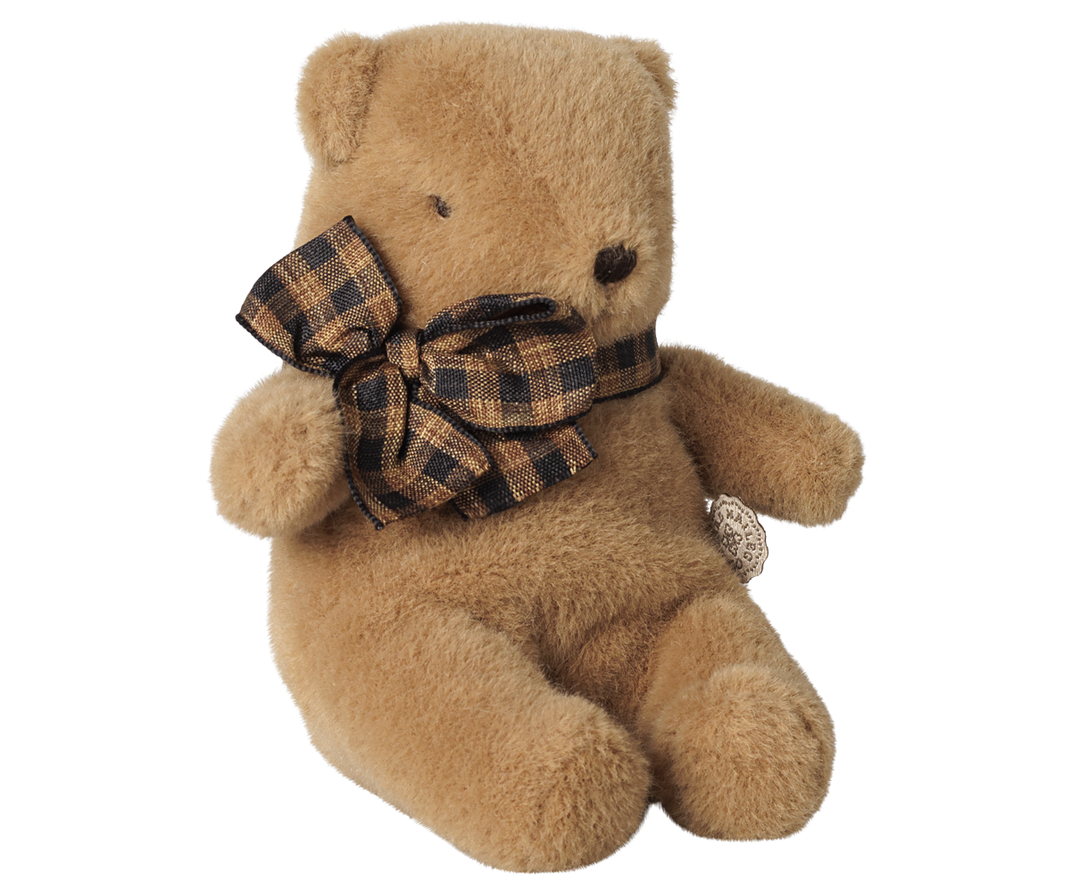 Urso de peluche mini Maileg cogumelo com laço | maileg-urso-peluche-castanho-lollakids