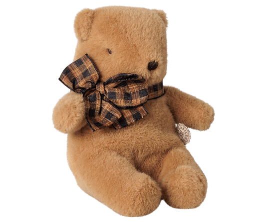 Urso de peluche mini Maileg cogumelo com laço | maileg-urso-peluche-castanho-lollakids