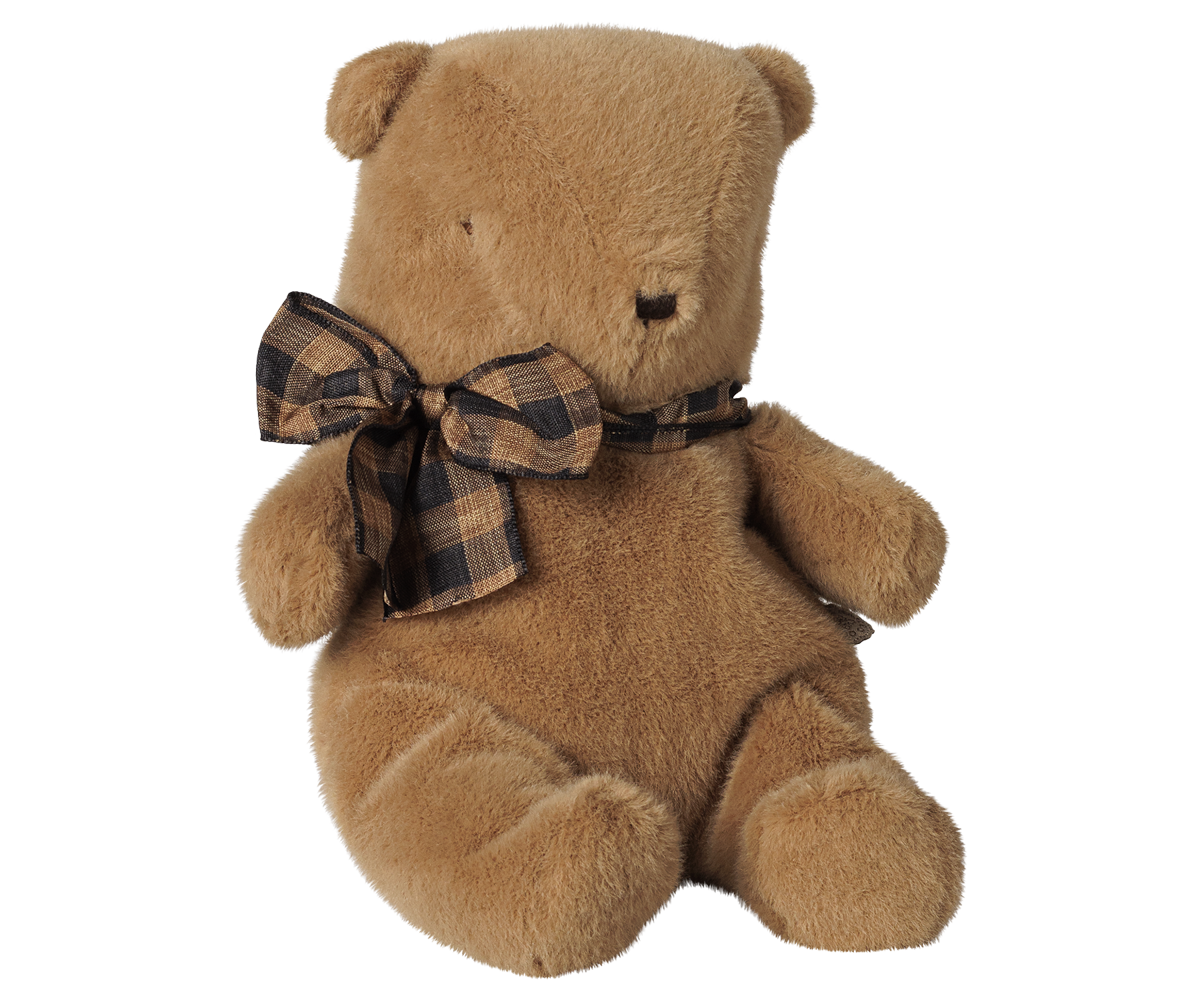 Urso de peluche pequeno Maileg cogumelo com laço | maileg-urso-peluche-castanho-lollakids