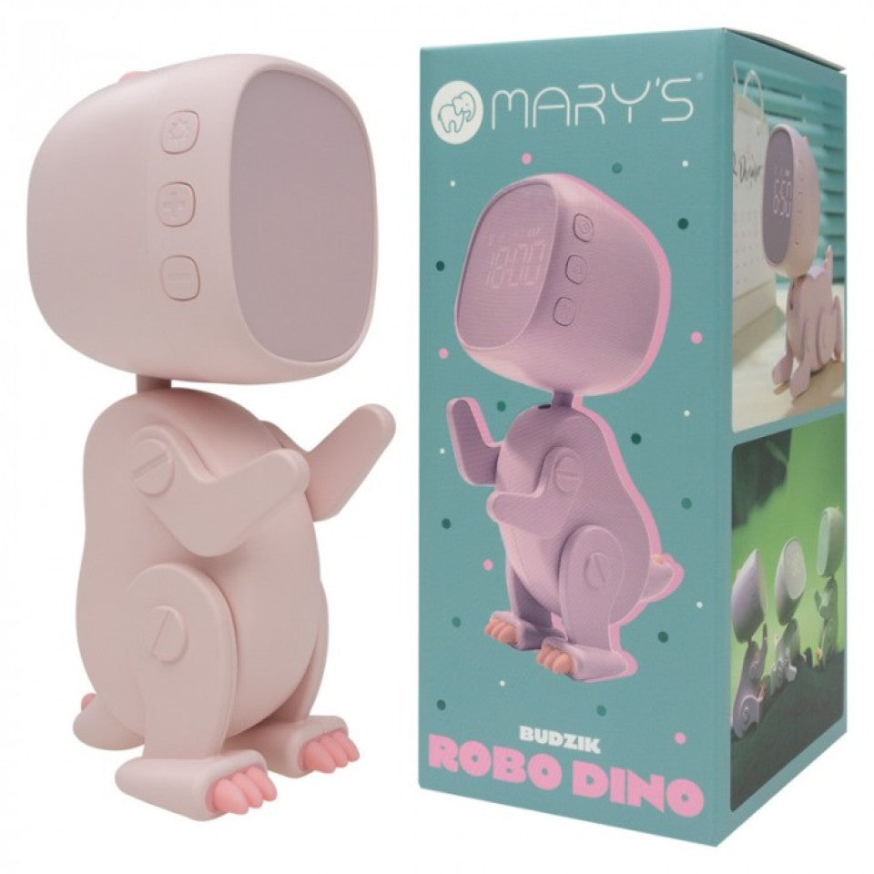 Despertador Digital Infantil Robo Dino Rosa Recarregável