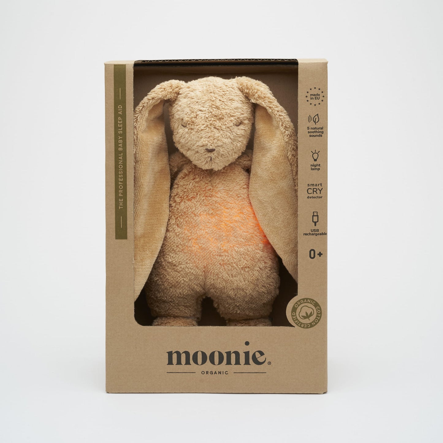 Coelhinho MOONIE 2.0 Cappuccino sentado com luz noturna acesa