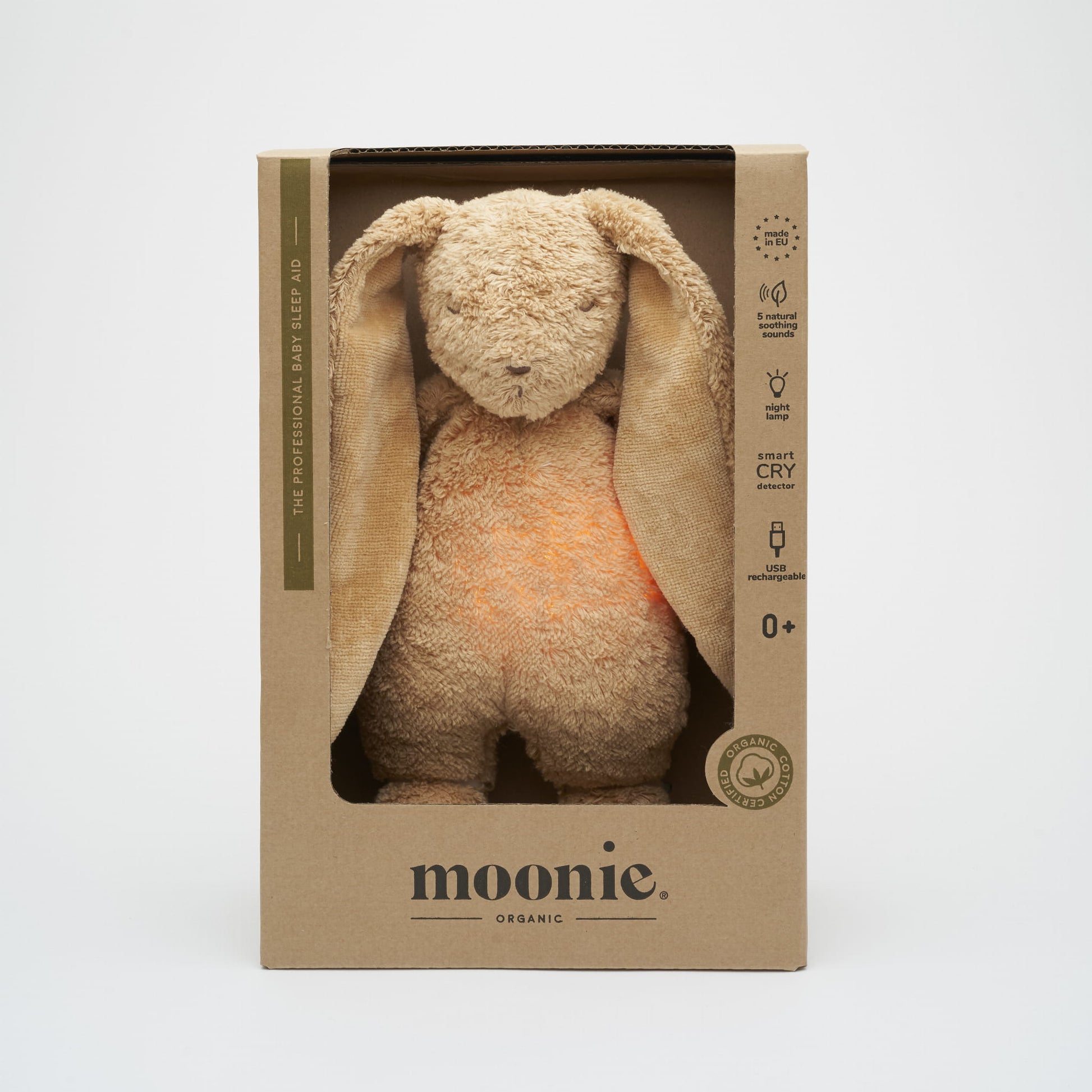 Coelhinho MOONIE 2.0 Cappuccino sentado com luz noturna acesa