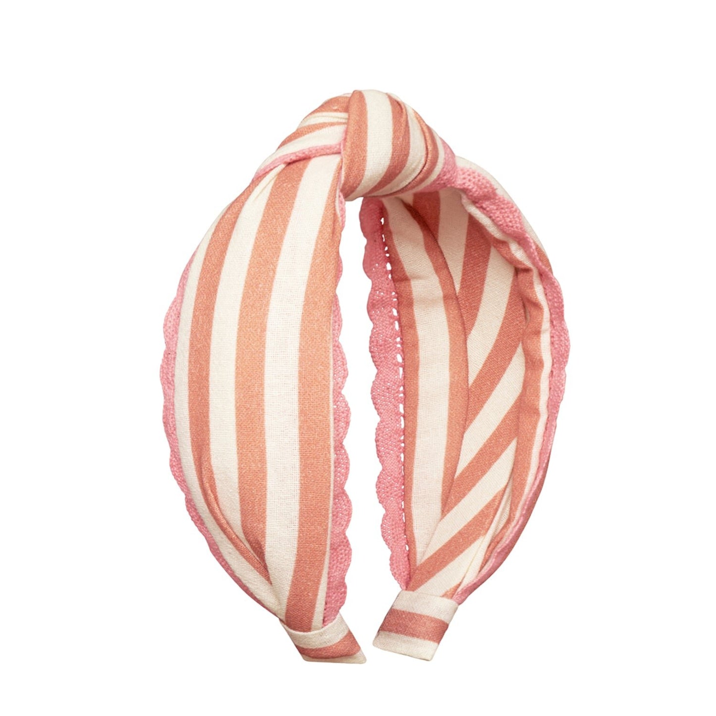 Stripy Scallop Knotted Headband – Bandolete Infantil Castanha às Riscas com Borda Rosa 