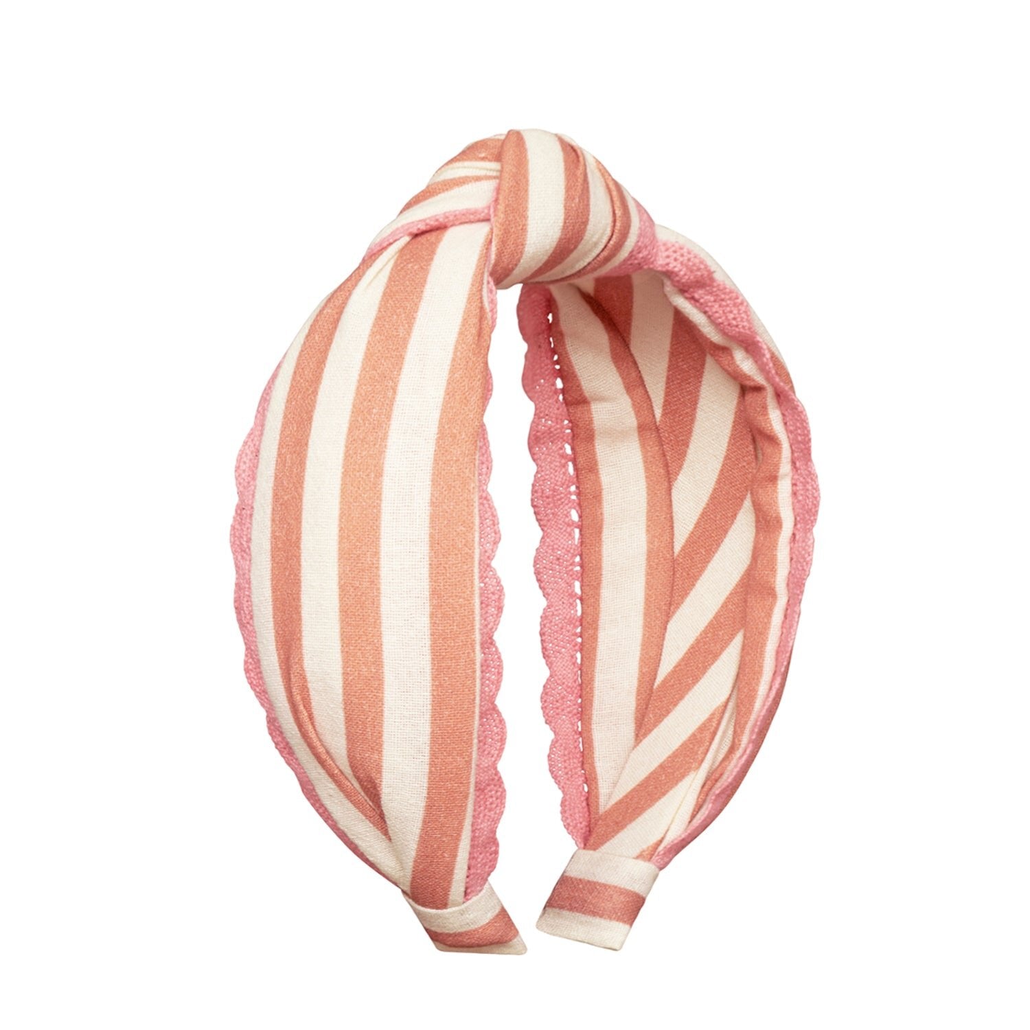 Stripy Scallop Knotted Headband – Bandolete Infantil Castanha às Riscas com Borda Rosa 