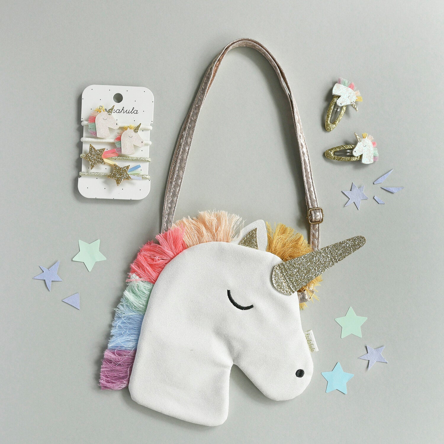 Conjunto de 2 Ganchos Rainbow Unicorn com Purpurina e Fita Dourada
