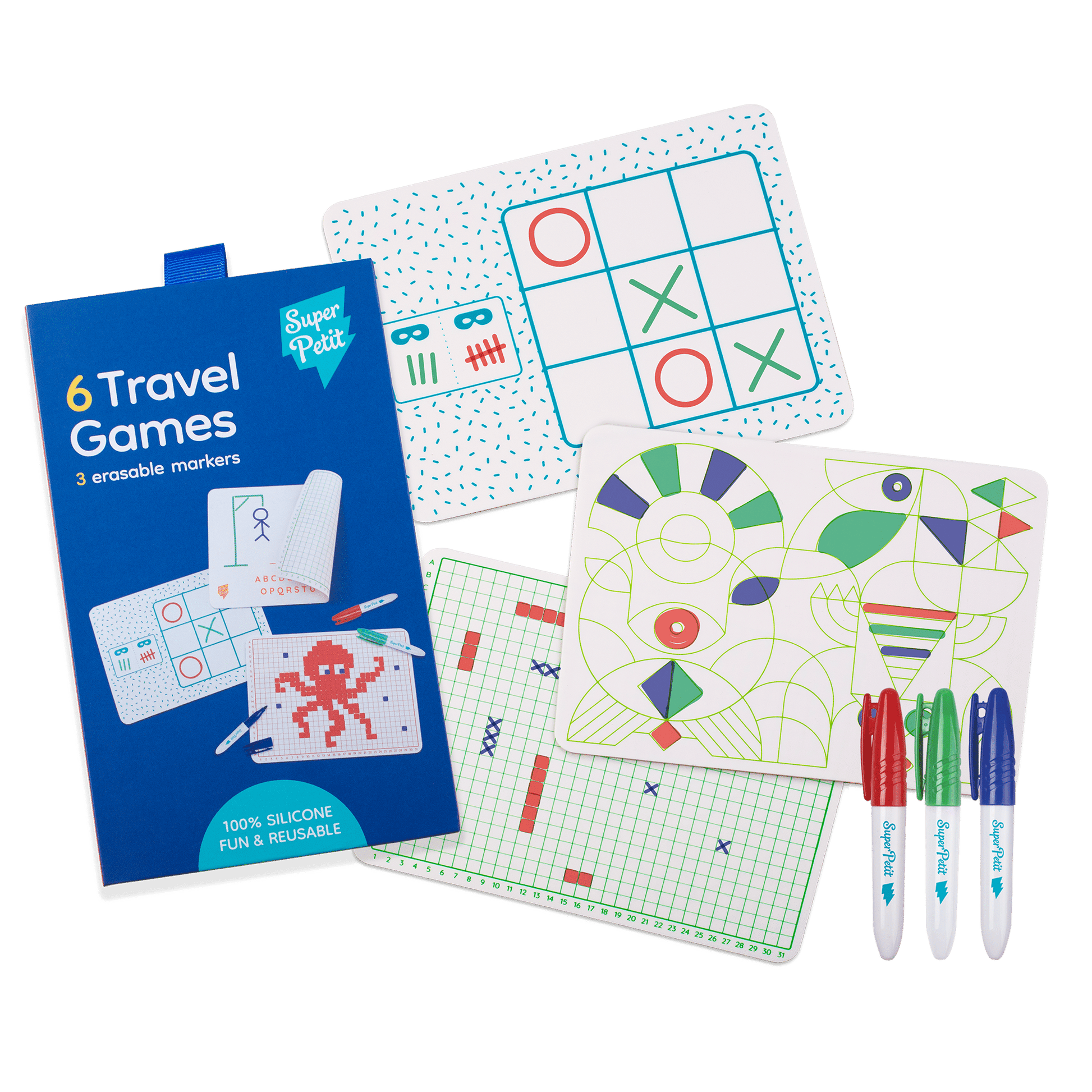 3 Mini Jogos Reversíveis de Viagem em Silicone + 3 Marcadores Apagáveis