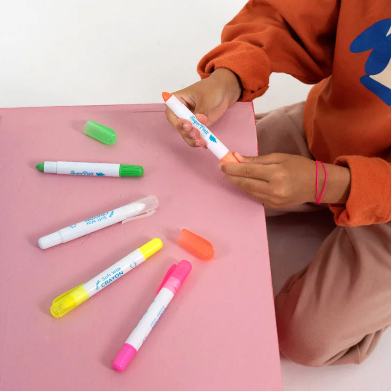 SuperPetit 5 Soft Neon Wax Crayons – Giz de Cera Lavável para Janelas, Espelhos, Banheira e Papel (3+)