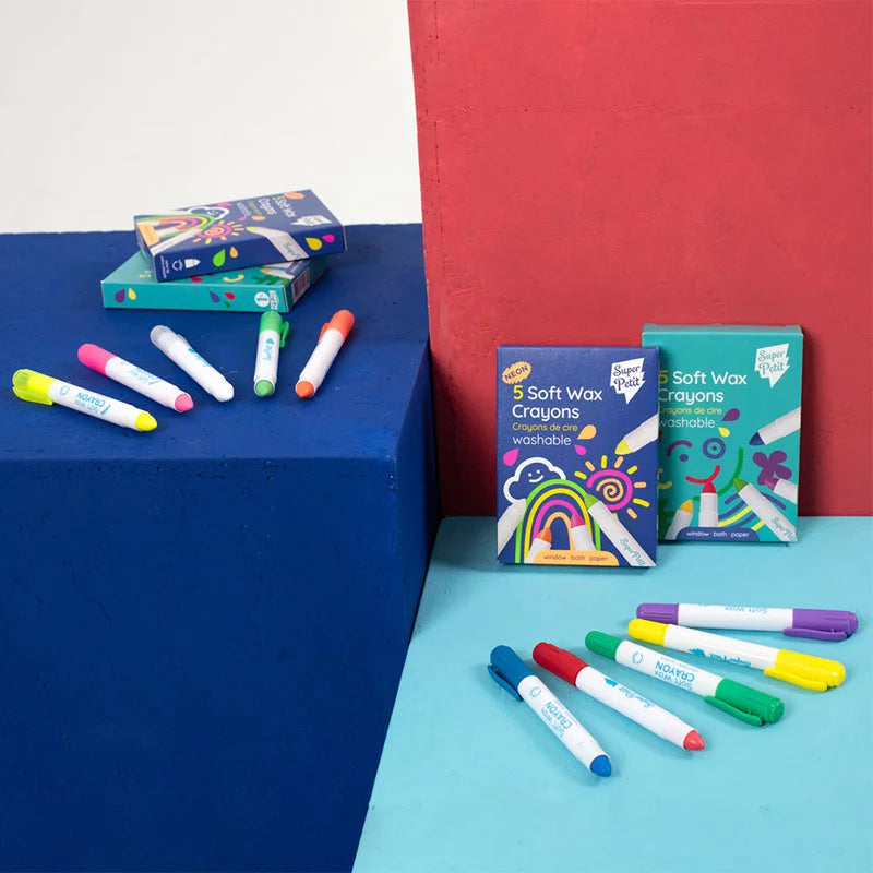 SuperPetit 5 Soft Neon Wax Crayons – Giz de Cera Lavável para Janelas, Espelhos, Banheira e Papel (3+)