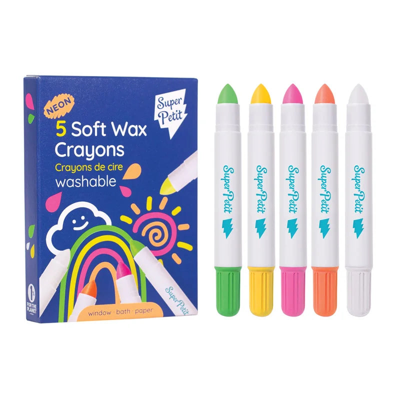 SuperPetit 5 Soft Neon Wax Crayons – Giz de Cera Lavável para Janelas, Espelhos, Banheira e Papel (3+)