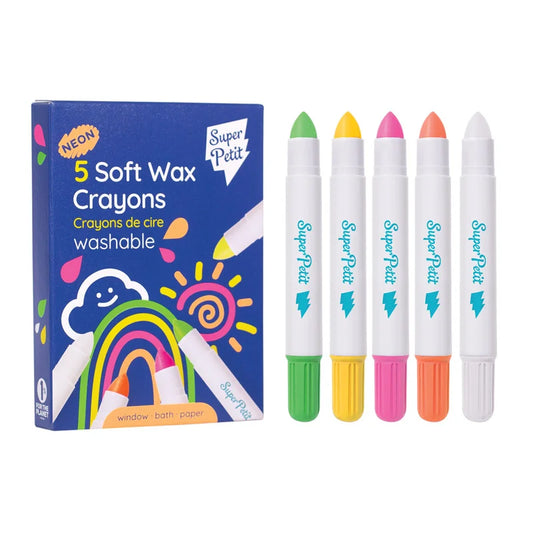 SuperPetit 5 Soft Neon Wax Crayons – Giz de Cera Lavável para Janelas, Espelhos, Banheira e Papel (3+)
