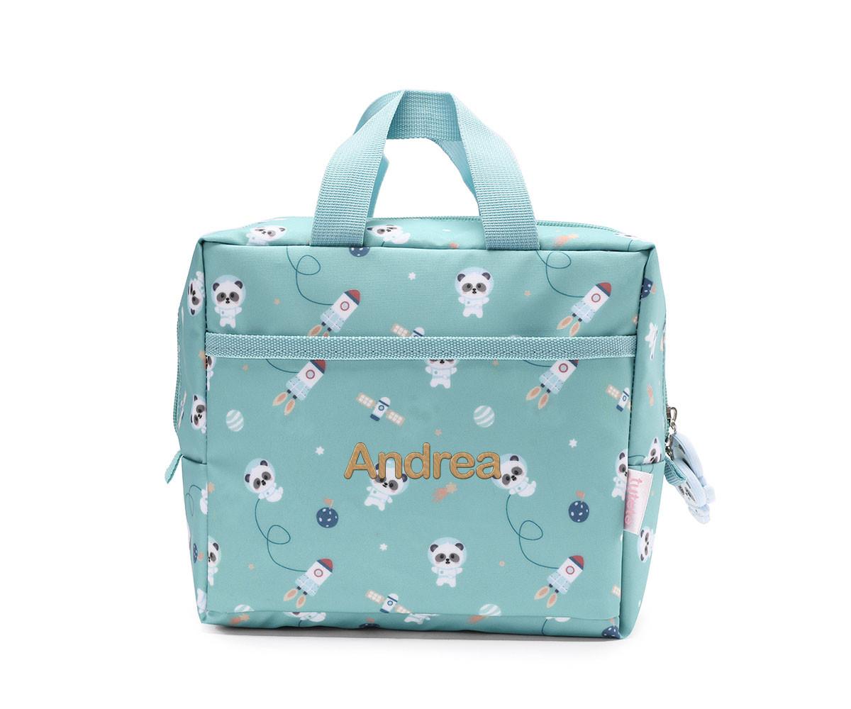 Bolsa térmica Pandas in Space Tutete - detalhe do estampado de pandas astronautas