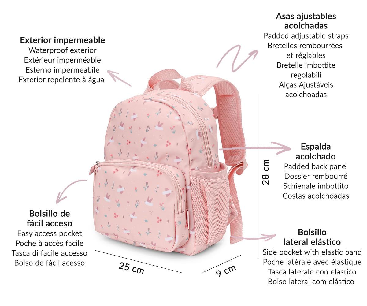 Mochila infantil Blossom Birds Tutete - vista frontal com estampado de aves e flores